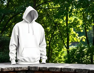 A blank hoodie mockup set on a rustic stone ledge create with ai