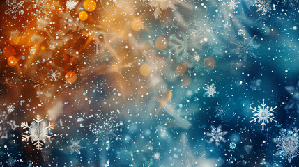 Poster - Christmas background with falling snowflakes and abstract golden lights creating a magical winter atmosphere