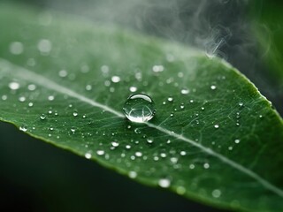 Wall Mural - A large water droplet sits on a green leaf, surrounded by smaller droplets and a faint mist.