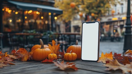 Modern smartphone with a blank screen surrounded by pumpkins and autumn leaves on a rustic table