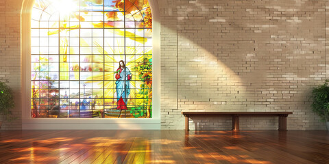 A serene, sunlit stained-glass window depicting Jesus Christ, casting vibrant hues across a simple, whitewashed church wall.