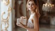 © Marry93 - A delighted woman in an elegant evening gown, holding a luxurious gift box with a satin ribbon, standing in a lavish ballroom