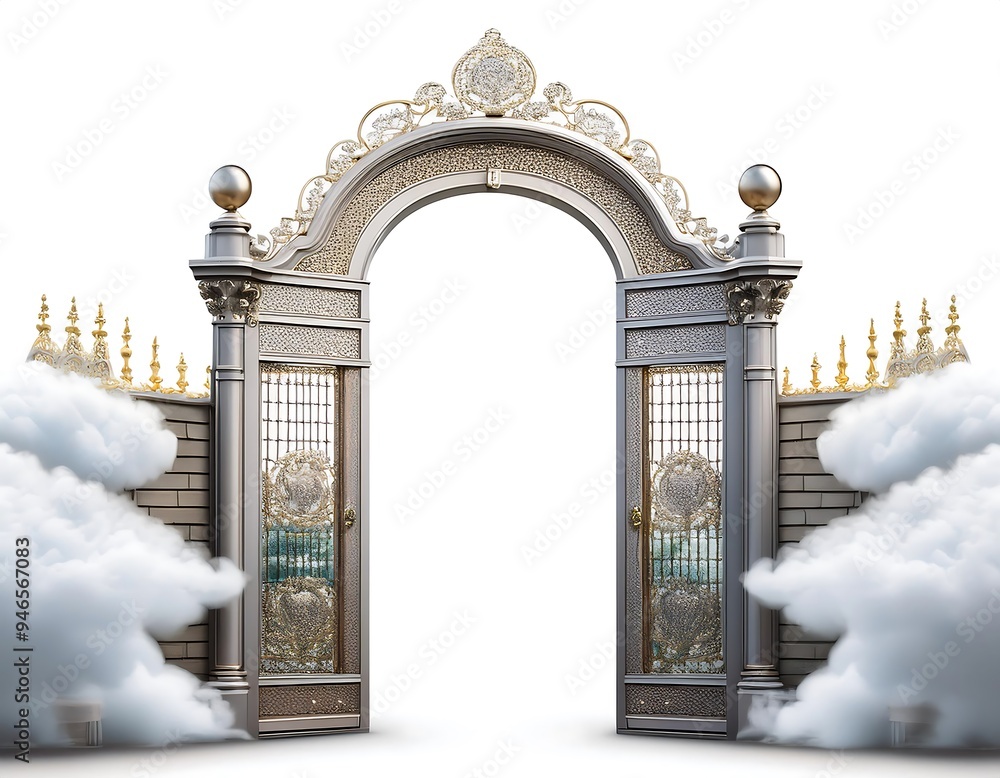 pearly gates clouds heaven isolated white background Stock