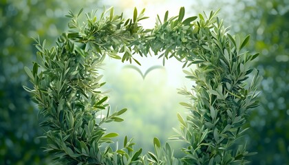 Wall Mural - Olive branches forming a heart shape in the center with a soft green background, perfect for nature themes.