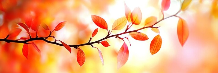 Wall Mural - Colorful autumn leaves hang gracefully on a branch, glowing warmly in the gentle sunlight of a serene fall afternoon