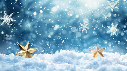 Poster - Two golden christmas stars laying on a bed of snow with a sparkling blue background and falling snowflakes