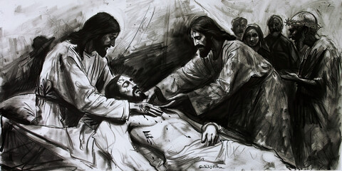 An expressive charcoal drawing of Jesus healing the sick, using dramatic black and white contrasts to convey the emotion of the scene.