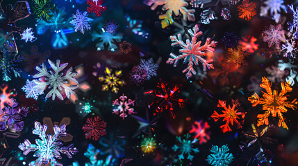 Poster - Festive christmas design with colorful snowflakes falling on a dark abstract background