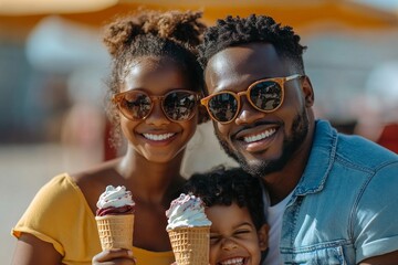 Happy black family enjoying fun ice cream time together, Generative AI