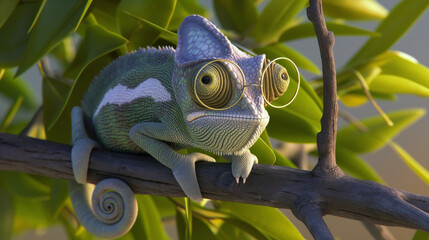 A green and white chameleon with glasses is sitting on a branch