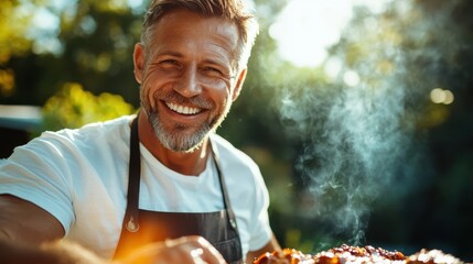 A delighted man in a white t-shirt and apron is grilling food outdoors on a sunny day, the perfect setting for a backyard barbecue and good times.