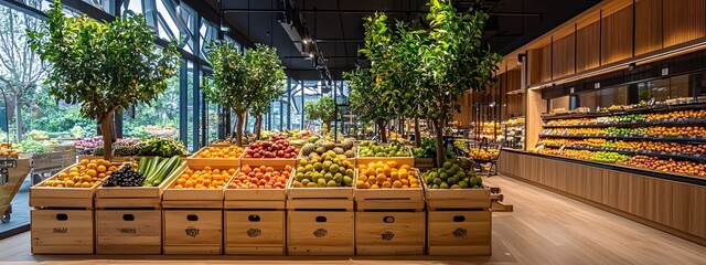 Fruit and vegetable display in organic grocery store with wooden boxes of fresh produce, fruit trees, greenery, interior design of modern grocery shop, architecture photography, warm lighting