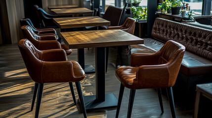 Café table and chairs set with square brown leather dining chairs for home or restaurant use