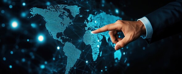 Businessman touching a digital screen with a world map on a virtual background, a business global network concept The business man's finger touches a technology hologram in a blue color Generative AI