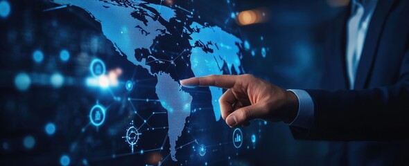 Businessman touching a digital screen with a world map on a blue background, a futuristic technology concept The business man's hand in a suit is finger pointing at a virtual interface Generative AI