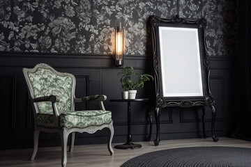 Poster - Black vintage ornate frame in classic style. Dark gothic royal frame in the room.