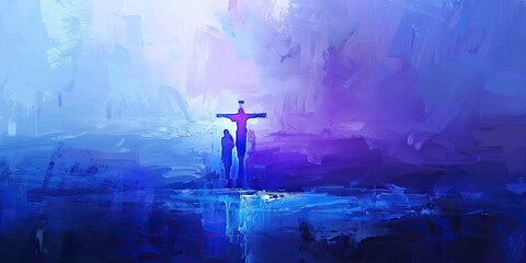 A modern abstract painting of Jesus Christ's sacrifice, with blue and purple hues, for a minimalist Christian art display.