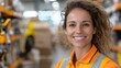 © LifeMedia - A happy woman with blonde curly hair is smiling while wearing an orange safety uniform, standing in a warehouse with numerous boxes and industrial items in the background.