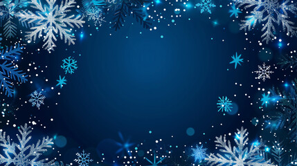 Poster - Blue christmas background with falling silver snowflakes and bright bokeh is a festive design with copy space