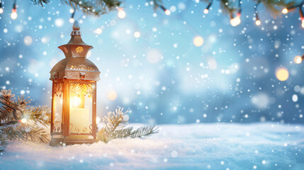Aufkleber - Snow-covered landscape with a vintage candle lantern glowing brightly, surrounded by twinkling christmas lights
