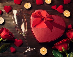 Canvas Print - Valentines day dinner with table place setting with red gift, glass for champagne, heart ornaments with silverware on white background. Close up. Valentine's 