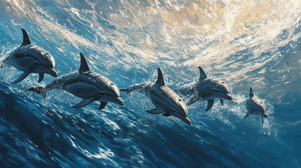 Wall Mural - A pod of dolphins swimming in unison, creating elegant patterns and arcs in the water as they move through the ocean.