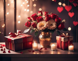 Wall Mural - Valentines day dinner with table place setting with red gift, glass for champagne, heart ornaments with silverware on white background. Close up. Valentine's 