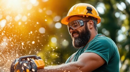 A chainsaw operator equipped with a helmet and ear protection is actively cutting wood, creating a dynamic scene that highlights the intensity and danger of woodcutting work.