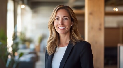 Fototapete - A professional woman in business attire, with a clear and engaging smile, standing in a stylish office space with her face prominently featured.