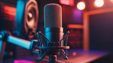 Leinwandbilder - A professional-grade microphone with a mesh grille and shock mount, displayed on a desk with studio lights and soundproofing panels in the background.
