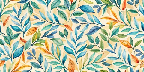 Watercolor Abstract Floral Pattern - Blue, Green, Yellow Leaves on Beige Background, watercolor, seamless pattern, foliage