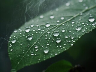 Canvas Print - Close-up of a green leaf covered in raindrops, with a soft, blurred background of fog or mist.