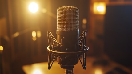 Leinwandbilder - A professional-grade microphone with a mesh grille and shock mount, displayed on a desk with studio lights and soundproofing panels in the background.