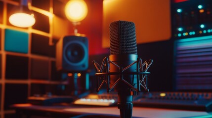 Leinwandbilder - A professional-grade microphone with a mesh grille and shock mount, displayed on a desk with studio lights and soundproofing panels in the background.