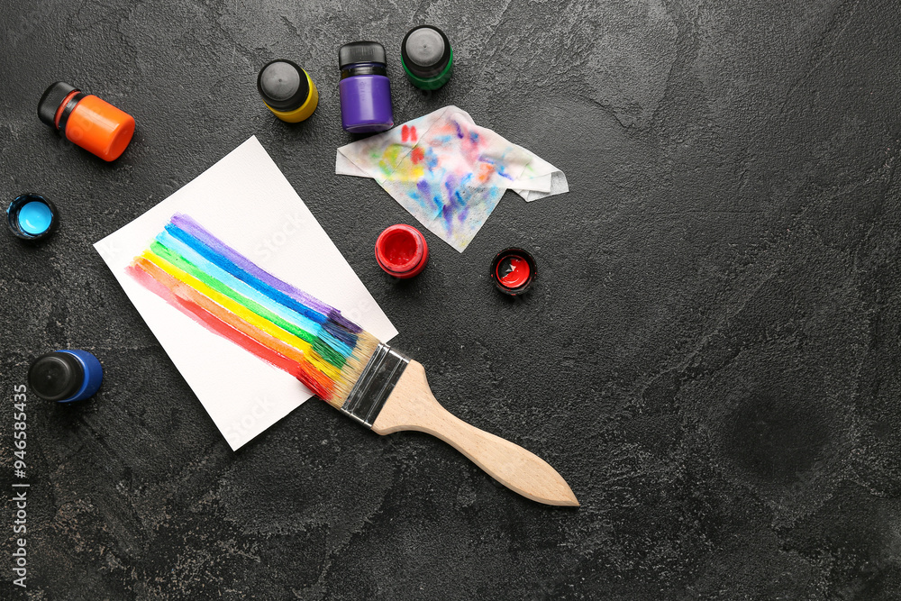 Paper sheet with paints strokes, brush and wipe on black grunge background