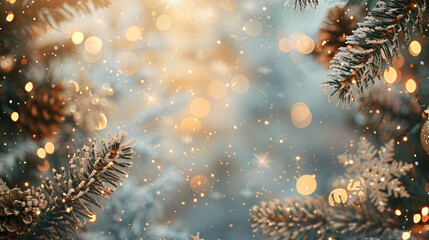 Aufkleber - Festive holiday atmosphere with snow-covered christmas tree branches and sparkling bokeh background