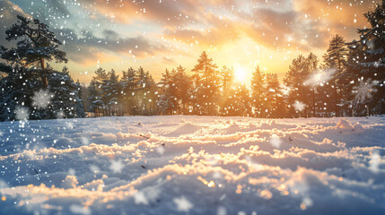 Poster - Snow gently falls on a peaceful forest at sunset in winter, creating a magical scene of frost-covered trees under a golden sky