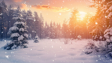 Aufkleber - Sunset over a snowy pine forest on a chilly winter evening