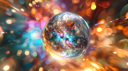 A surreal abstract of a glass sphere suspended in space, with light bending and distorting through its surface to create a kaleidoscope of colors.