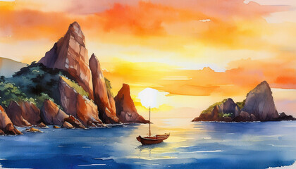 Sticker - Watercolor painting of seascape of rock formation and boat at sunset. Ocean scenery. Blue water.