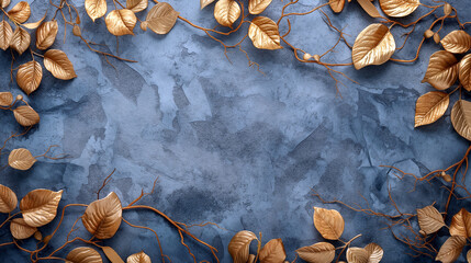 Wall Mural - A blue background with gold leaves and branches