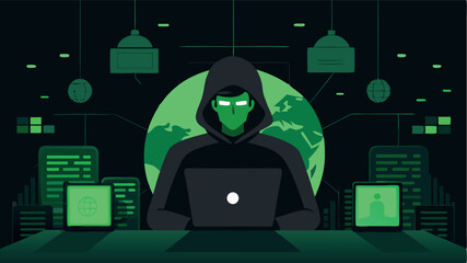 Hacker programmer it specialist coder sitting at a laptop in the hoodie vector illustration