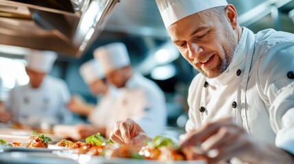 Professional chefs in a busy kitchen are meticulously preparing and garnishing dishes, showcasing their culinary expertise and dedication to creating culinary masterpieces.