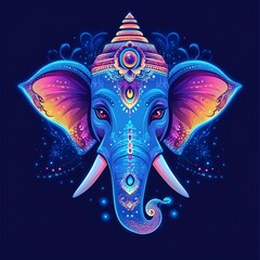 Neon Indian elephant with neon pattern on dark blue background. Elephant festival in India concept.Ganesh Chaturthi cartoon greeting card, print, poster.