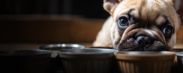 Cute French bulldog laying on the floor beside empty food bowls during mealtime at home