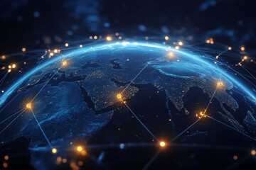 illustration of glowing planet with yellow network connecting cities on black background