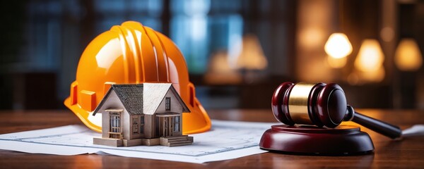 Construction law concepts with a building model, hard hat, and gavel on blueprints in an office setting