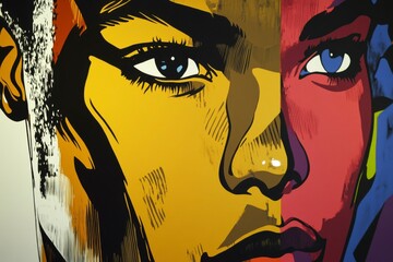 Close-up of a vibrant and abstract pop art painting of two faces