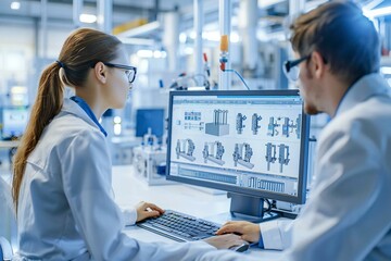 close-up shot of two engineers working on a computer screen with 3D models of mechanical clamps in a bright industrial setting.