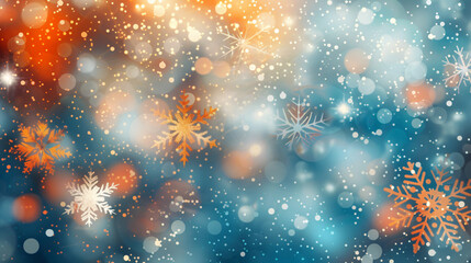 Poster - Snowflakes are gently falling on a blue and orange christmas background with bokeh